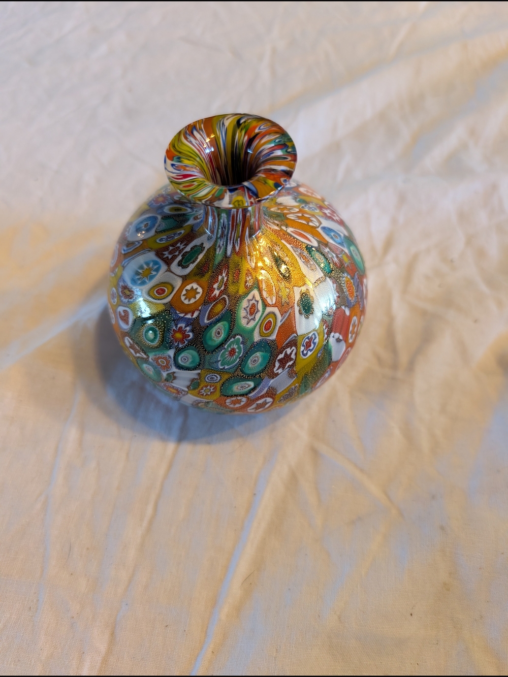Murano Multicolor Millefiori Glass Vase with Green and Orange Accents - Picture 5 of 7